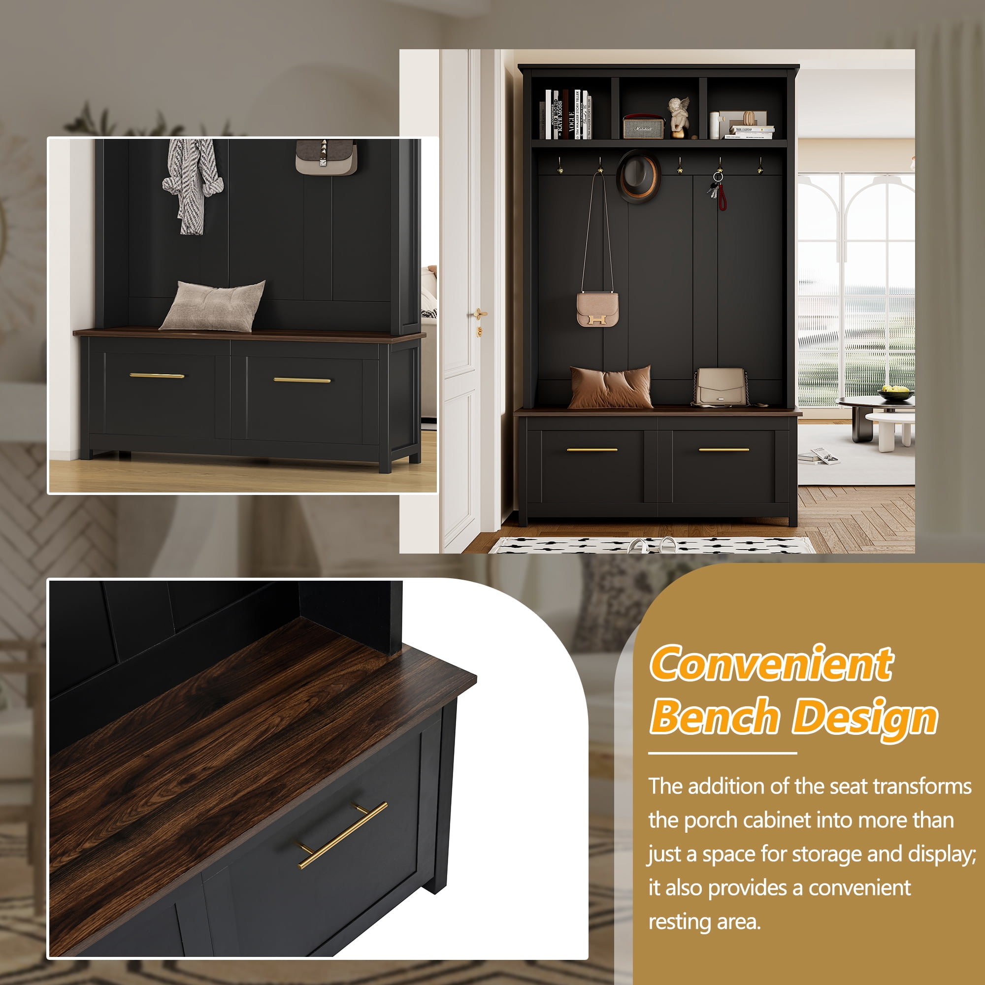 Mintazer 76.6"H Entryway Hall Tree with Bench & 2 Storage Drawers, 4-in-1 Entryway Organizer with Open Hutch Cubbies & 6 Golden Hooks for Mudroom Hallway, Black