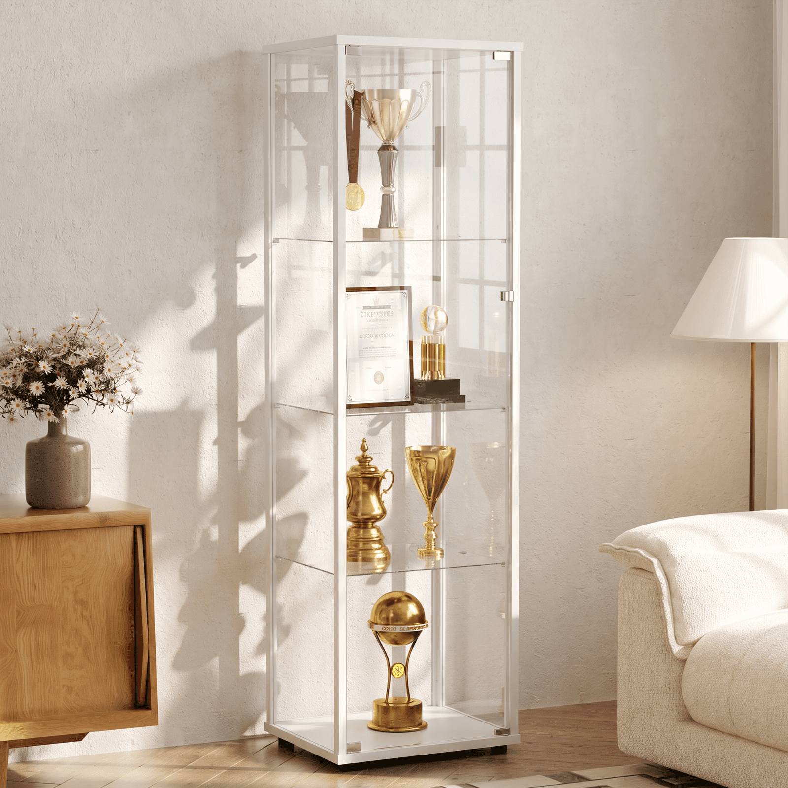Gleamira 4-Shelf Glass Display Cabinet Freestanding Curio Cabinet with Aluminum Frame Single Glass Door, White