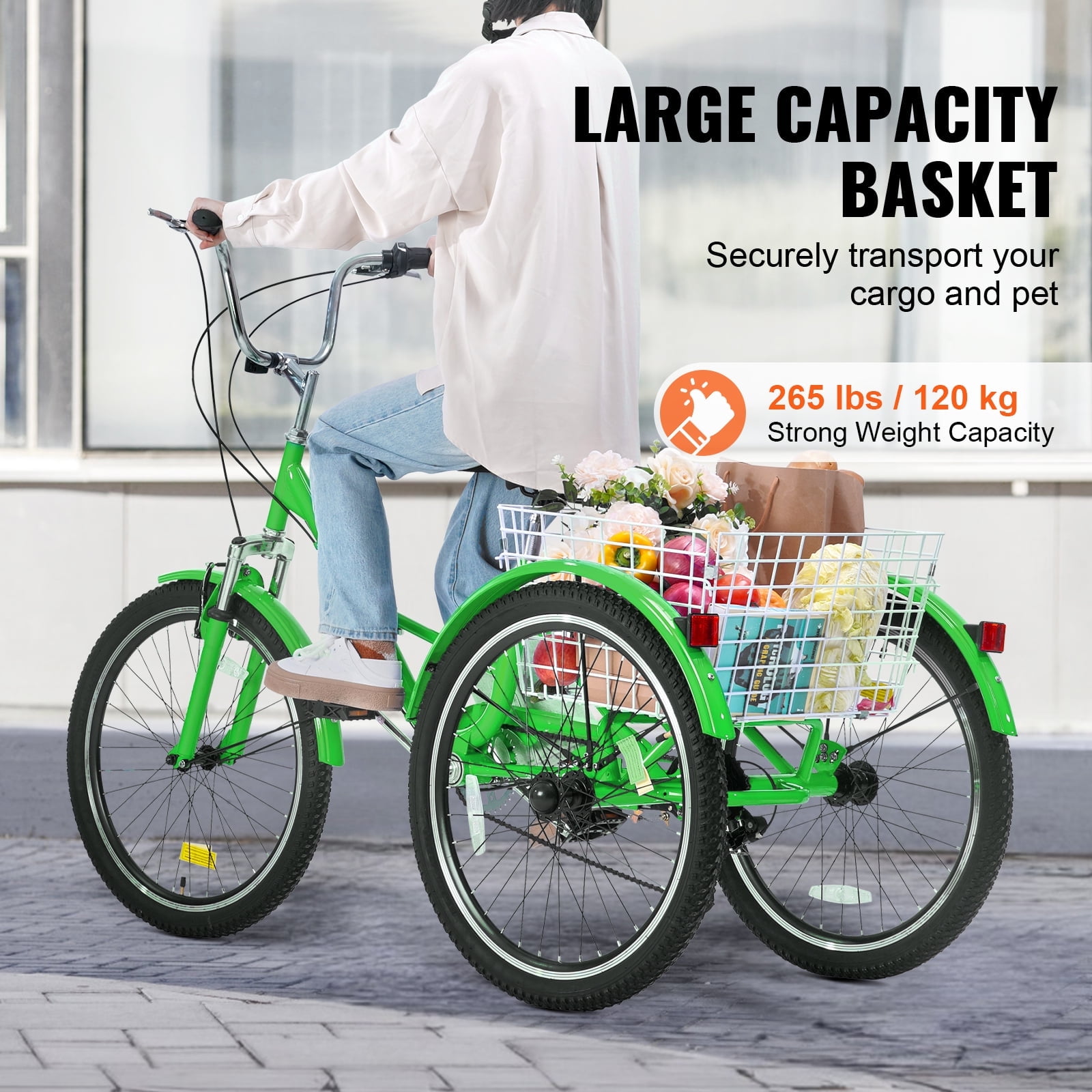 SKYSHALO Green Carbon Steel 24" 7 Speed Folding Tricycle with Basket