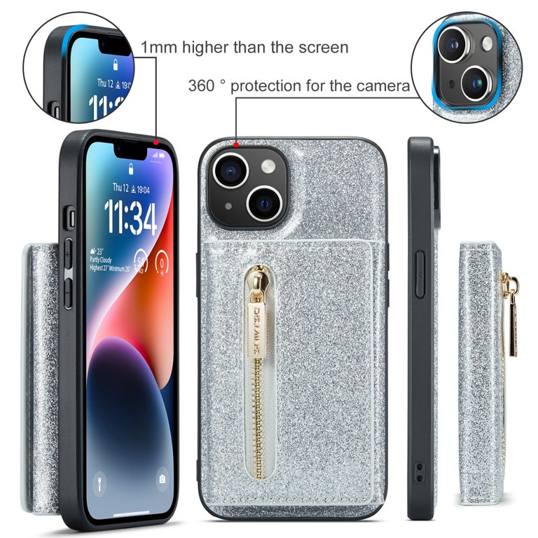 Uucovers iPhone 14 Plus Case for Girls Women Men, 2 in 1 Detachable Magnetic Card Holder Zipper Wallet Case PU Leather Glitter Drop Proof Luxury Shell