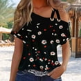 thumbnail image 2 of Summer Trendy Tops, Womens Off The Shoulder Floral Going Out T Shirts Short Sleeve O-ring Strappy Tshirts Summer Blouses (2XL, Black), 2 of 5