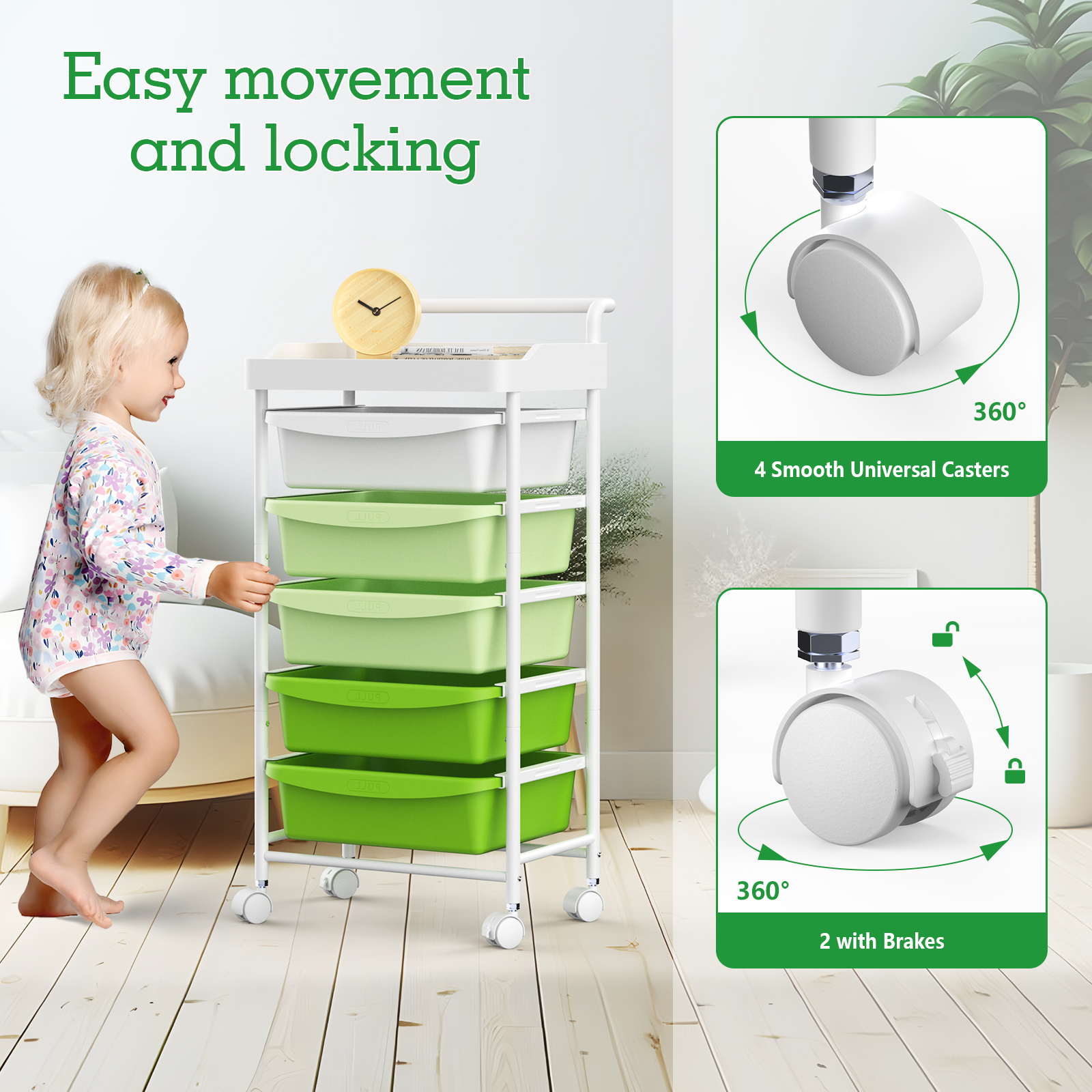 Drawer Rolling Storage Cart, Multipurpose Movable Organizer Cart, Mobile Utility Storage Cart with Removable Drawers & Lockable Wheels, Craft Cart for Home Office, Green