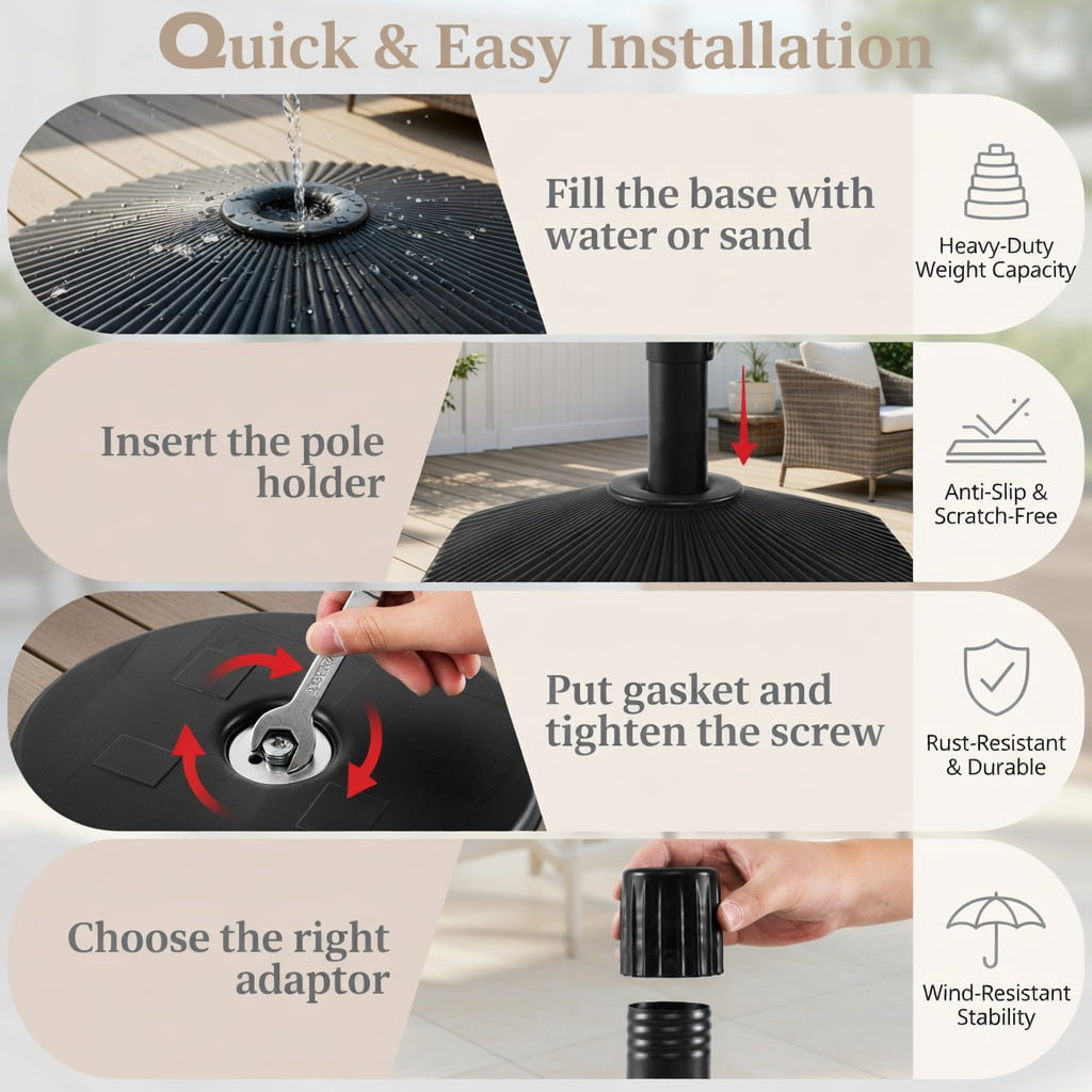 Resenkos Umbrella Base for Patio, Umbrella Stand Outdoor Base,Fillable Umbrella Base with Shell Texture and 3 Coupler Sizes-Black