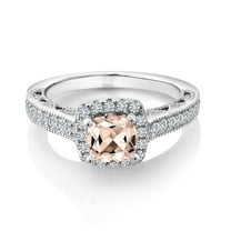 Gem Stone King 925 Sterling Silver Peach Morganite and White Created Sapphire Engagement Ring for Women (1.40 Cttw, Cushion 6MM, Available in Size 5, 6, 7, 8, 9)