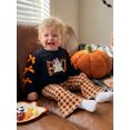 thumbnail image 5 of RUINIXCW Toddler Girls Halloween Outfits Ghost Embroidery Bow Long Sleeve Sweatshirt and Elastic Plaid Flare Pants Set, 5 of 8