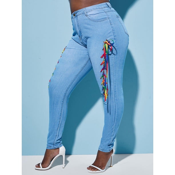 Colorido Lace Up Front Plus Size Skinny Jeans Rosegal Vaqueros de talla grande