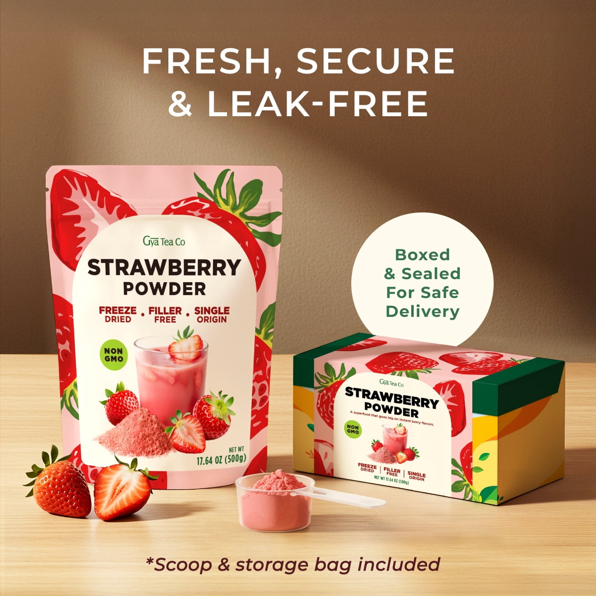 Gya Tea Co Strawberry Powder 1.1lb (17.64 oz) - Freeze Dried Strawberries, Non GMO, Gluten Free, Sugar Free, Natural Strawberry Fruit Powder for Baking, Icing, Cakes & Smoothies, Vegan Friendly