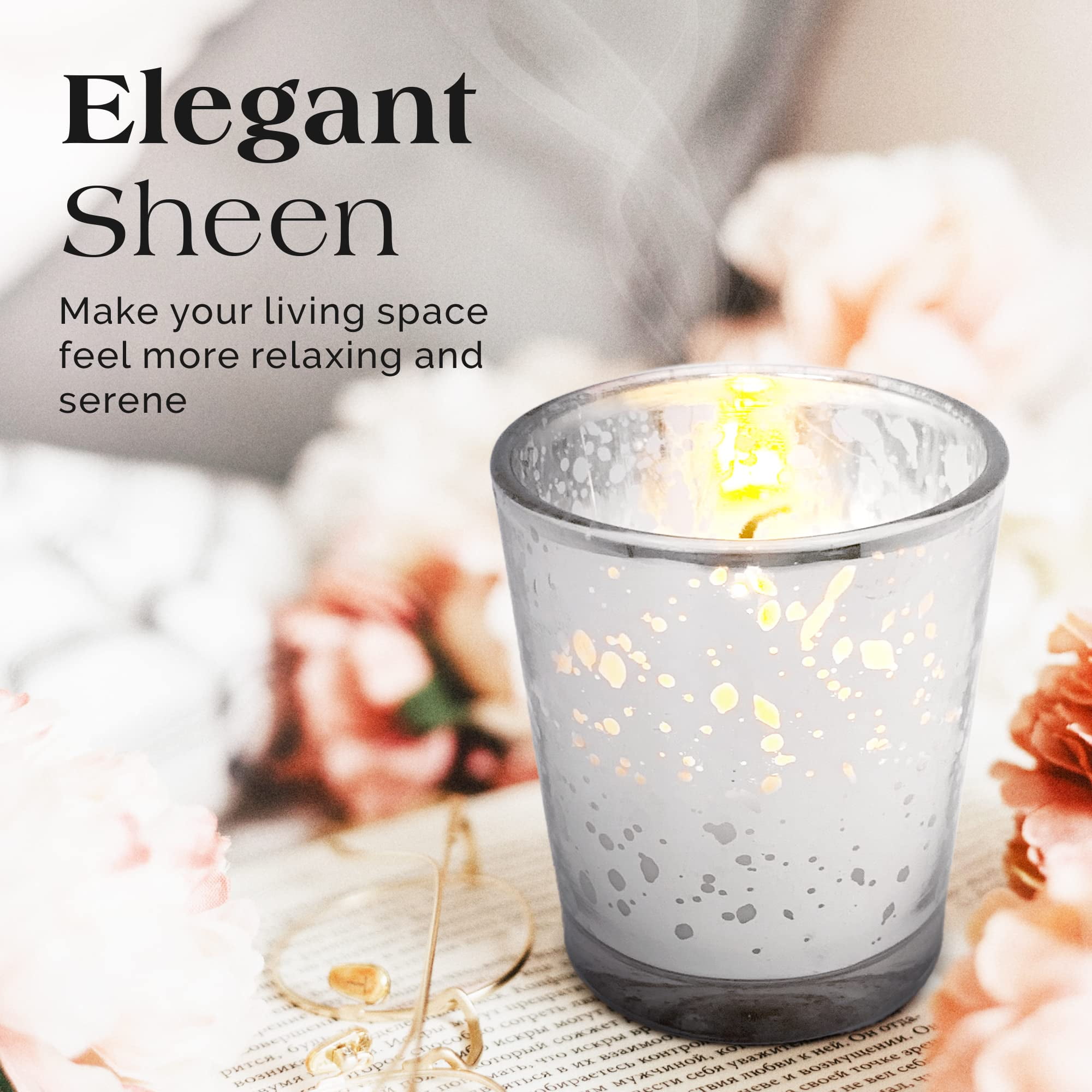 SLS SUPPLY FLORA - Mercury Glass Votive Candles Set of 48 - Small Candles in Candle Jars Decorative Candles for Wedding Favors Gifts or Home Decor Soy Wax, 8-10 Hour Burn Time - Silver