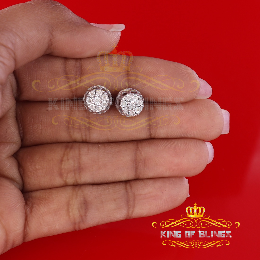 King of Bling's 0.05ct Diamond Stud Earrings For Women White 925 Sterling Silver Stud For Men