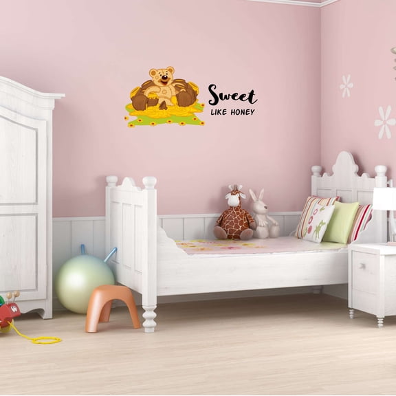 Children Sweet like Honey Cute Cartoon Wall Decal Decoration Sweet Teddy Bear with Honey Jars Vinyl Decal Lasts Years and Easily Removable - Size: 20 In(W) x 10 In(H)