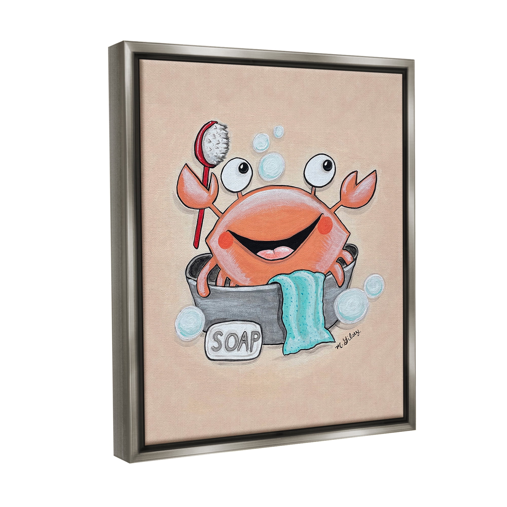 Stupell Industries Happy Crab Bathing Animals & Insects Painting Gray Floater Framed Canvas Art Print Wall Art, 25 x 31