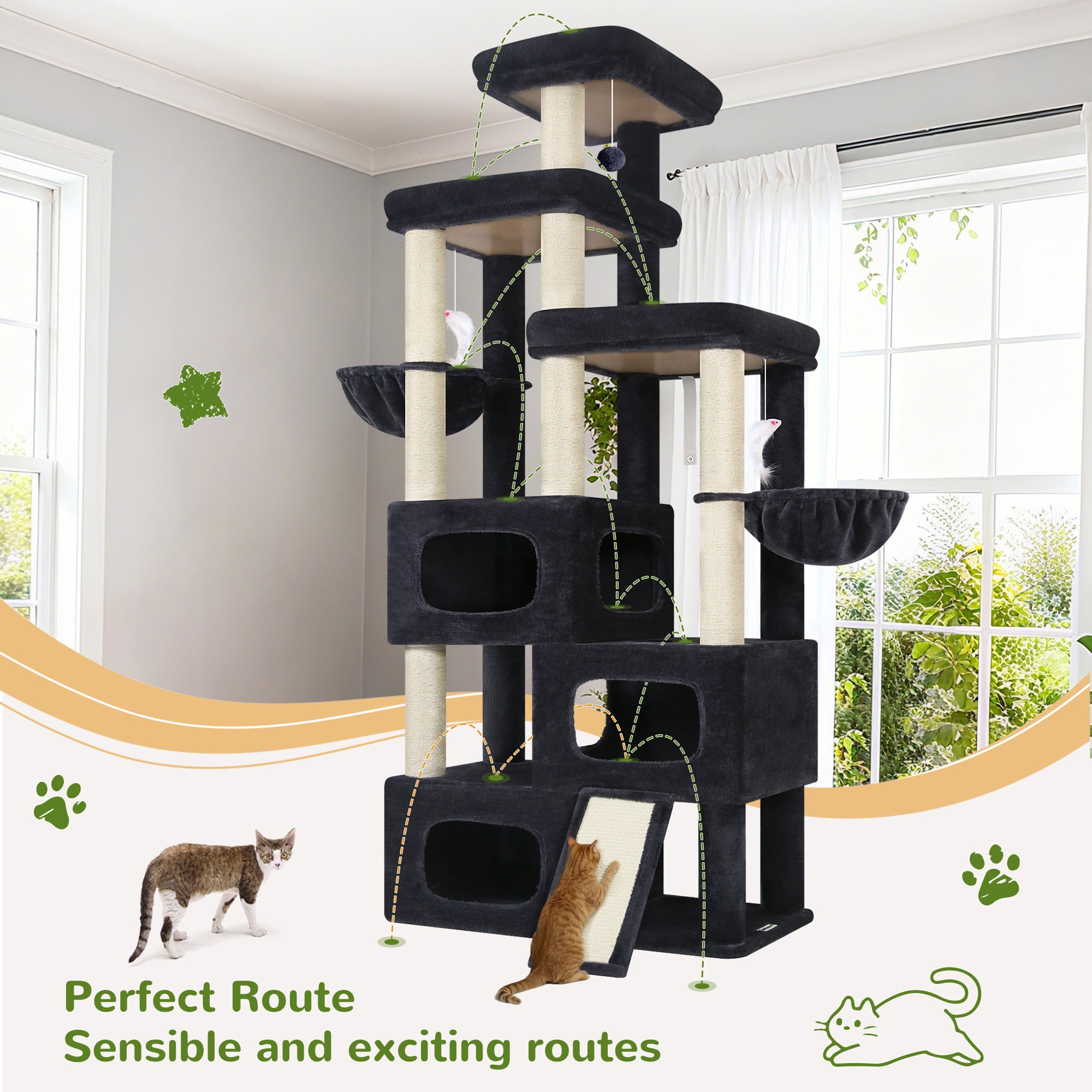 Globlazer Big Cat Tree Tower，85in Multi-Level Tall Cat Tree Tower Indoor for Multiple Adult Cats with Scratching Post, 3 Perches, 3 Condos, 2 Hanging Basket, S85,Dark Gray