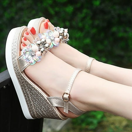 

〖Yilirongyumm〗 Gold 38 Sandals Women High Sandals Platforms Heels Crystal Wedges Women Ladies Fashion Shoes Floral Women s Sandals