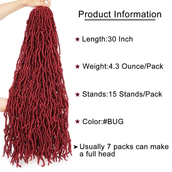 WEIF-Burgundy New Faux Locs Crochet Hair 30 Inch Red Natural Butterfly Soft Locs 1 Pack Curly Wavy Long Boho Goddess Locs 15 Strands Pre Looped Synthetic Braids Hair Extensions for Black Women #BU
