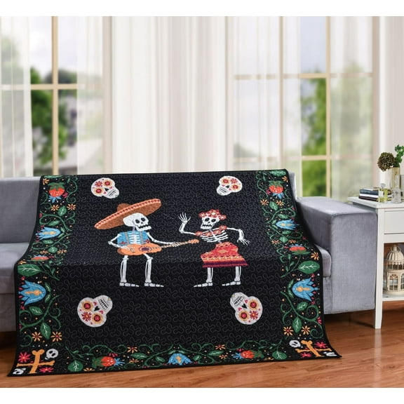 De Leon Collections 63562 60 x 50 in. Skeleton Mariachi Party Day of Dead Sugar Skull Decorative Throw Quilt Blanket, Multi Color