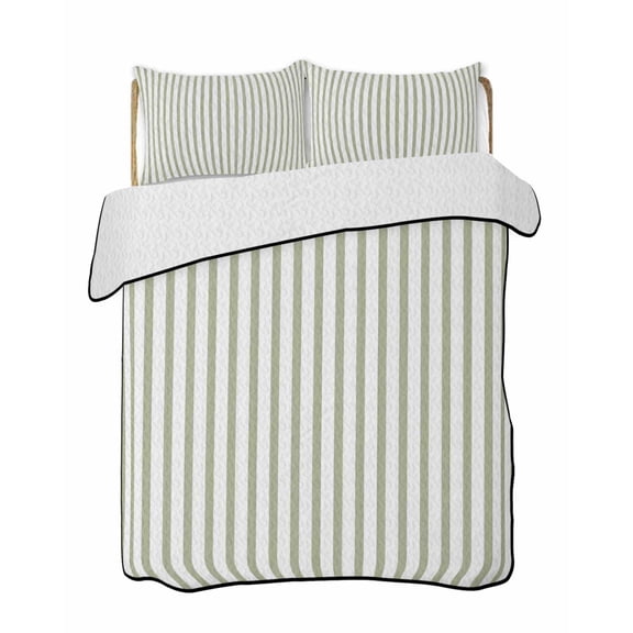 Quilts Queen Size Bedding Set, Sage Green Vertical Striped Lightweight Quilted Comforter, Farmhouse Thin Line Stripes Soft Reversible Bedspread Coverlet with Pillow Covers for All Season, 90" x 96"