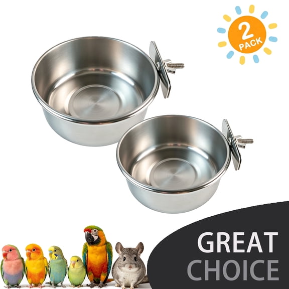 BellaNotes Parrot Feeding Cups Birds Food Dish Stainless Steel Parrot Feeders Water Cage Bowls with Clamp Holder for Cockatiel Conure Budgies Parakeet Parrot Macaw Small Animal Chinchilla Pack of 2