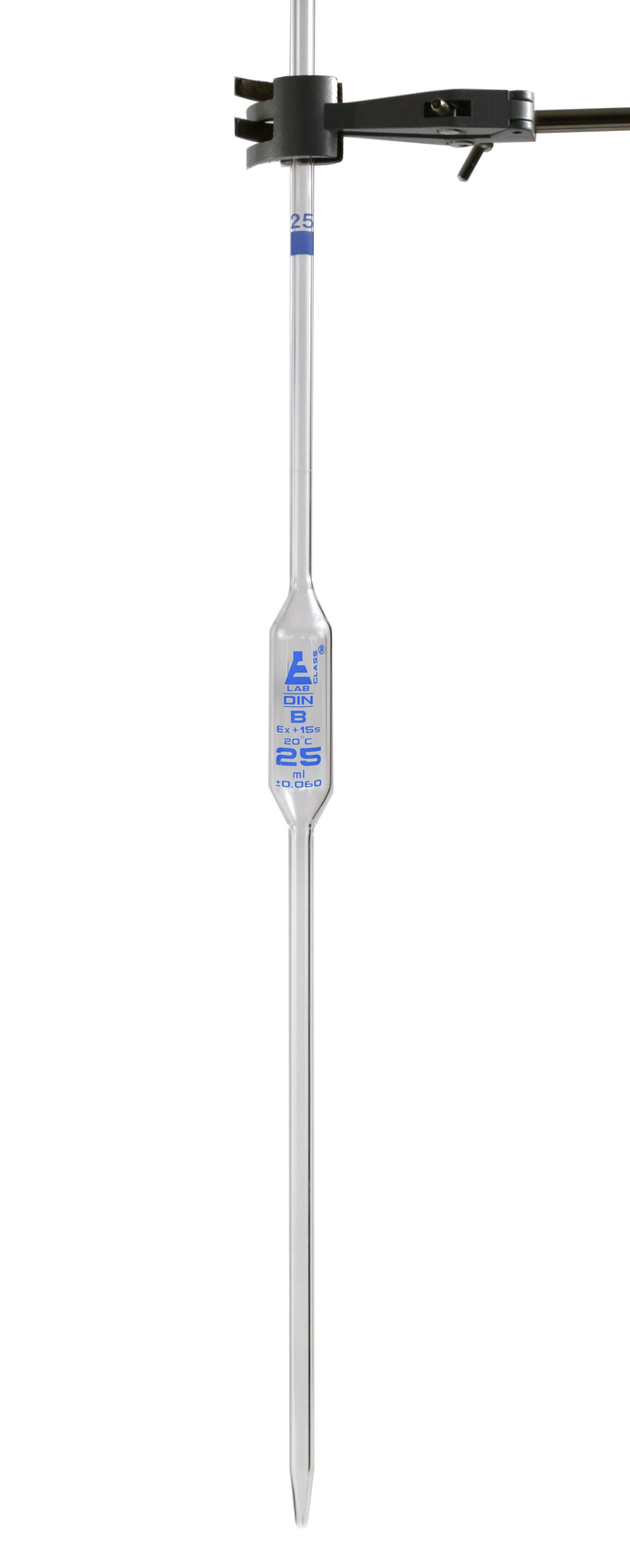Pipette, Bulb Form, 25ml - Class B - Tolerance: 0.060 ml - Color Code, Blue - Borosilicate Glass - Eisco Labs