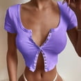 thumbnail image 1 of Women Short Sleeve Solid Color Crop Top Summer Round Neck Buttons, 1 of 4
