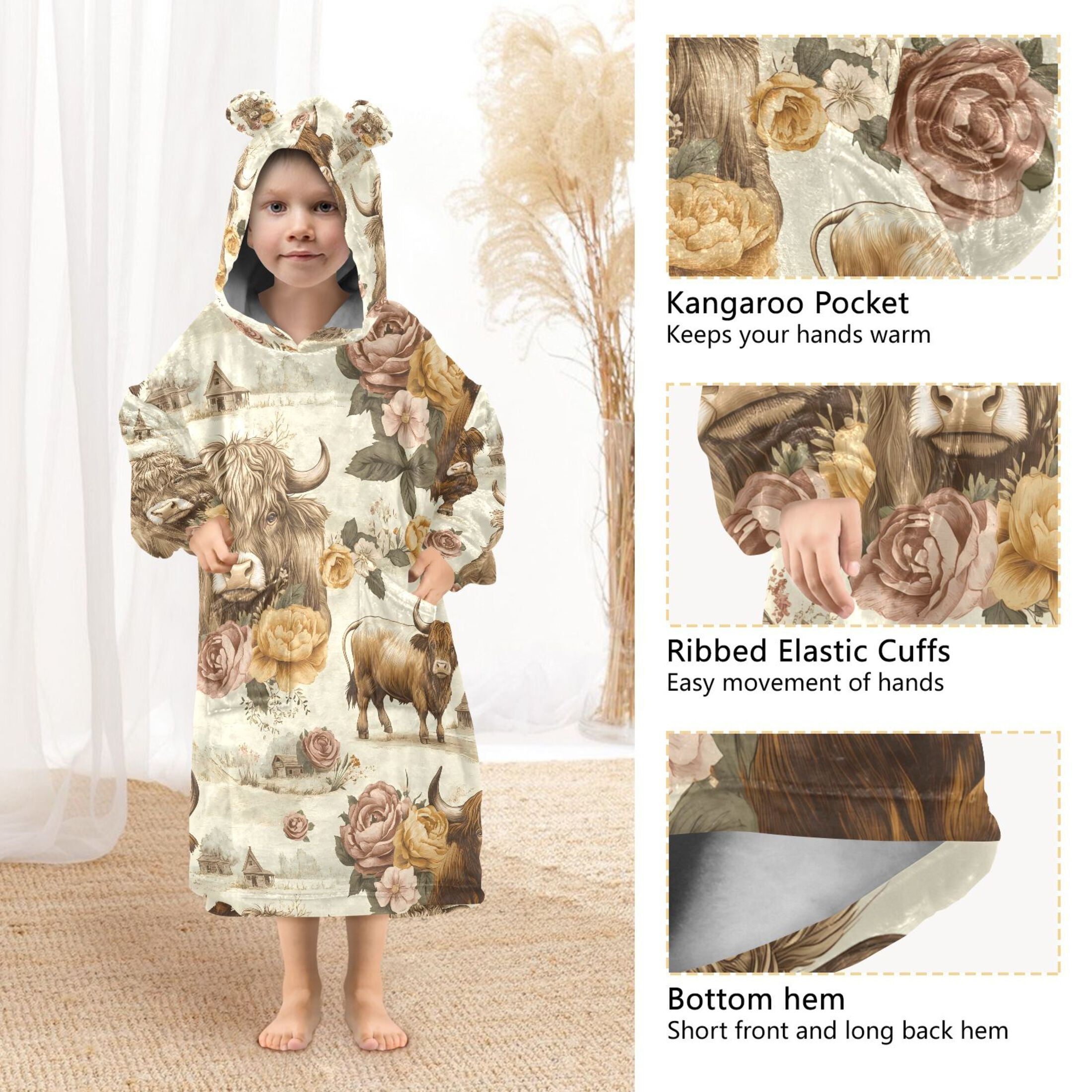 joogoo Blanket Hoodie for Highland Cattle Flower-w1 Oversize Sweatshirt 3-14 YR L