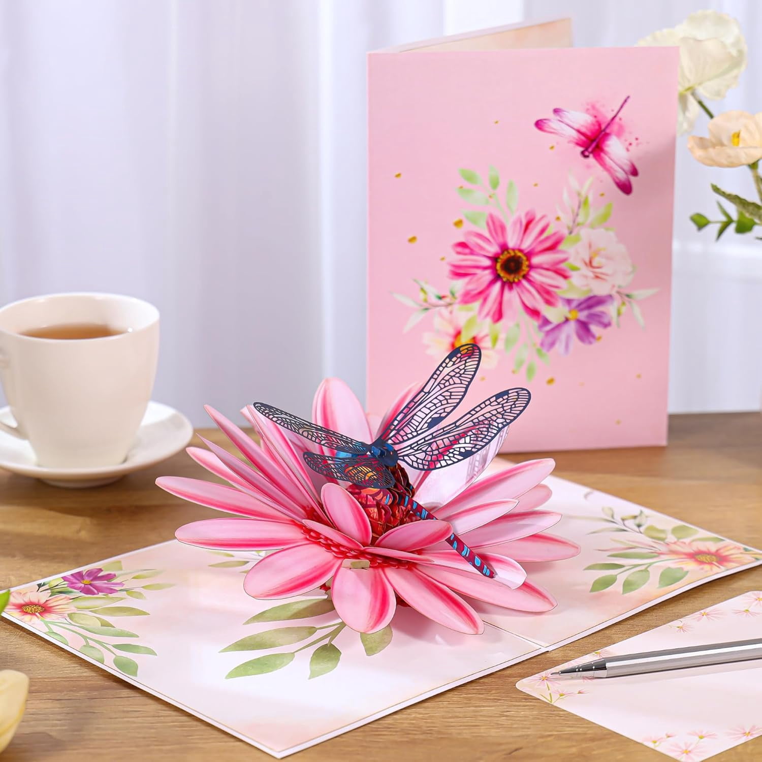 Pop Up Mothers Day Cards, Dragonfly&Gerbera Daisies Flower 3D Birthday Card for Women, Mom; Gift for Birthday, Mother’s Day, Valentines, Thank You,All Occasion for Her, Wife, Grandma, Sister, Dau