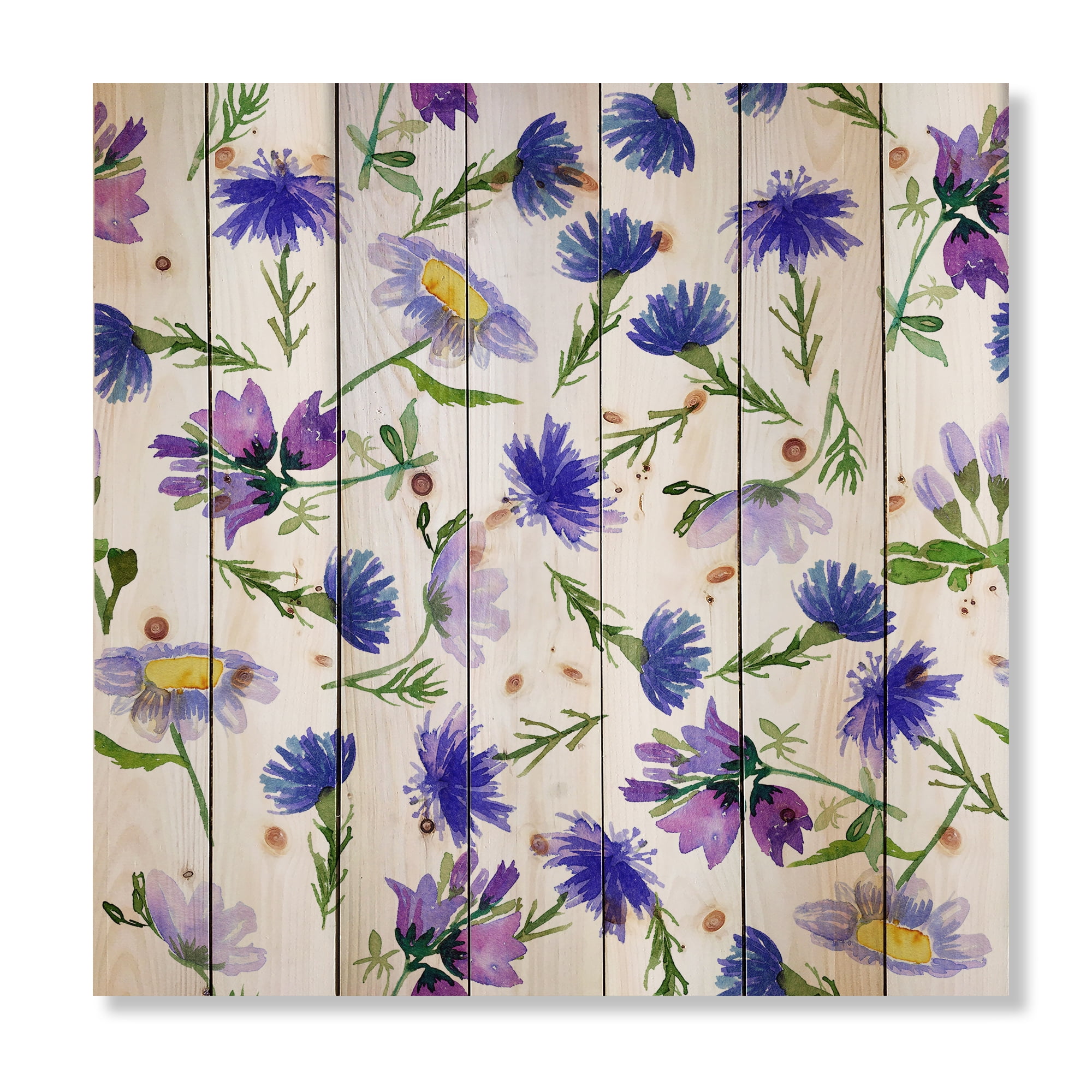 Designart 'Blue Wildflowers With Leaves III' Traditional Print on Natural Pine Wood