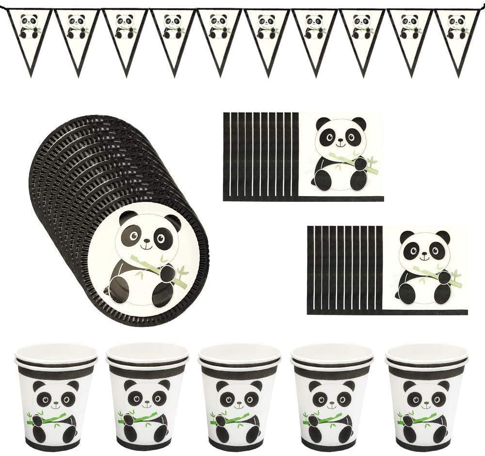 121Pcs Panda Party Supplies DreamJ Panda Disposable Tableware Set with Panda Plates Cups Napkins Straws Panda Banner Tablecloth Popcorn Boxes Cake Topper Dragon Blowing For Baby Shower Birthday Decorations 