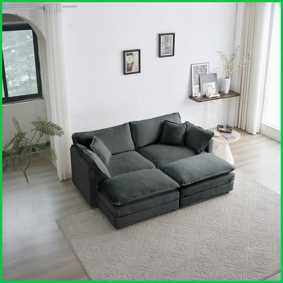 Modern Gray Chenille 4-Piece Sectional Sofa Set – 2-Seat Loveseat & 2 Ottomans for Living Room