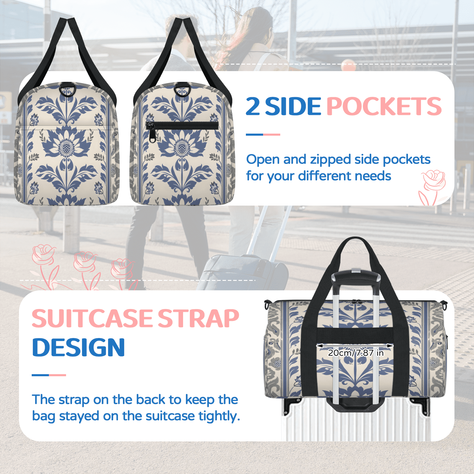Herdesigns Vintage Flower Travel Duffle Bag Sports Yoga Weekender Overnight Carry on Workout Bags Lightweight Waterproof Gym Tote Bag for Women Floral