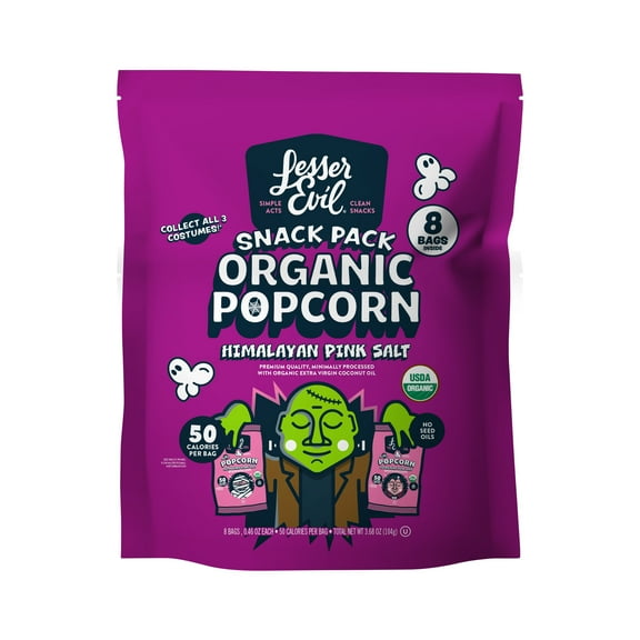 LesserEvil Organic Popcorn, Himalayan Pink Salt Halloween Snack Pack, 0.46 oz, 8 Ct