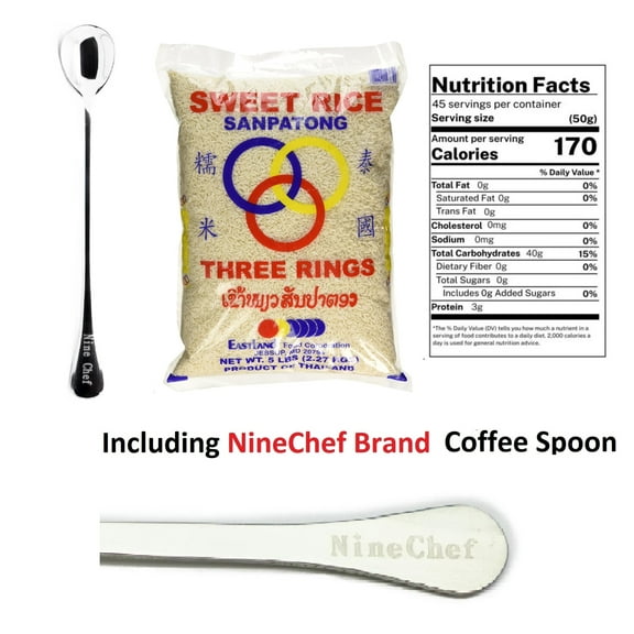 NineChef Brand Spoon Plus Three rings Sweet Rice Thai Sticky Rice 5 Lbs (Pack 1)