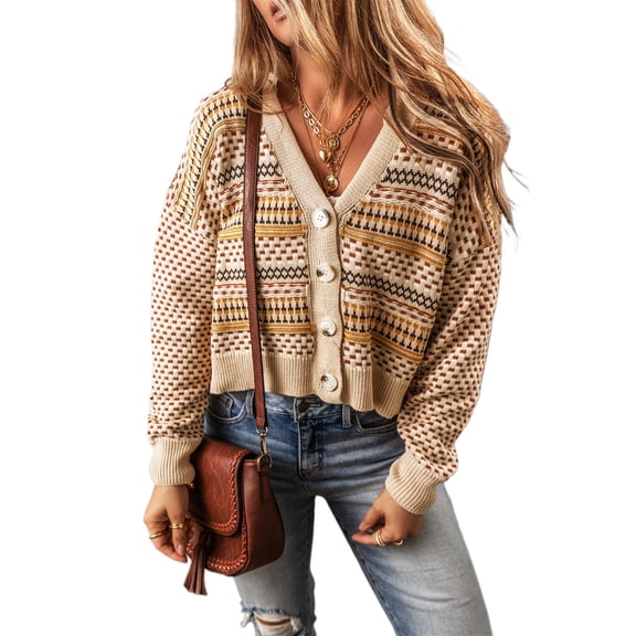 Women's Khaki Buttoned V-Neck Cropped Cardigan - [ZhiHiMeRi] | (US 20-22)2XL