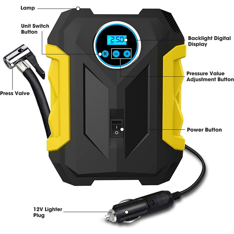 Tallin Air Compressor Tire Inflator 150PSI Cordless Bike or Car Tire Pump  Rechargeable Portable Hand Held Car Air Pump for Car Tires with LCD Digital  Pressure Gauge (Yellow Color) - Tallin Sales
