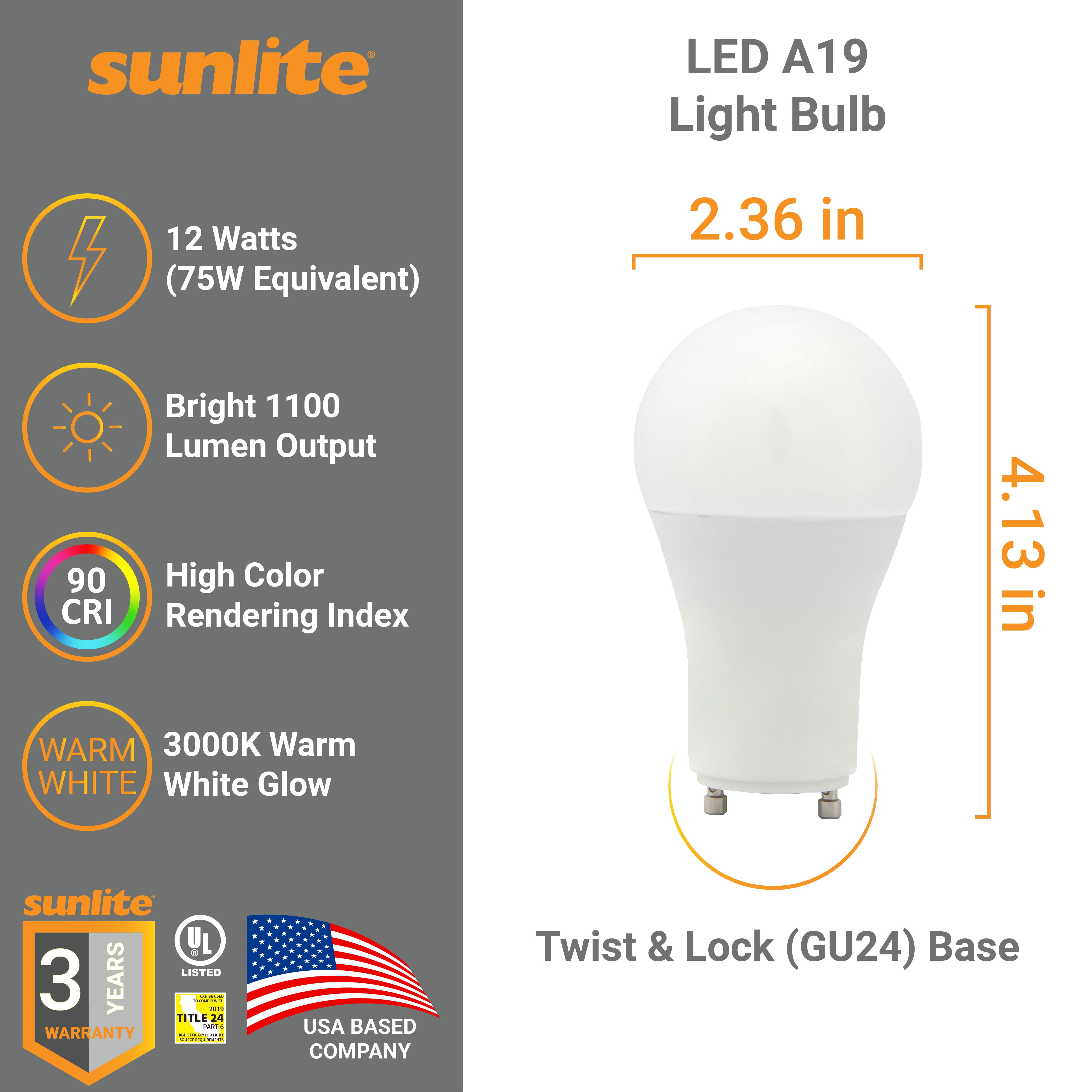 Sunlite LED A19 Light Bulb, 12 Watts (75 Watts Equivalent), 1100 Lumens, 120 Volts, Dimmable, GU24 Base, 90 CRI, Title-24 Compliant, UL Listed, 3000K Warm White, 6 Pack
