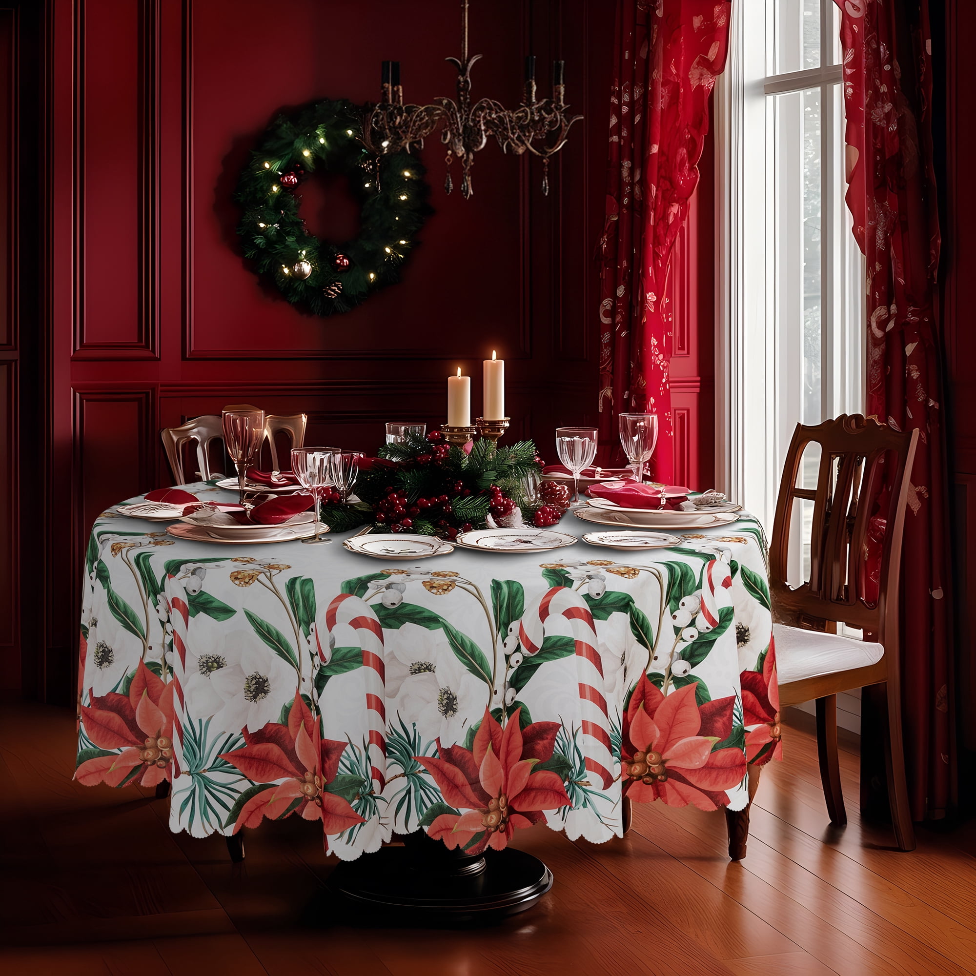 RAY STAR Polyester Christmas Tablecloth 60 inch Round Machine Washable Table Cloths, Thick Can not See Through Heavy Duty Tablecloth