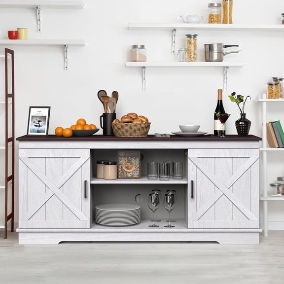 DEXTRUS Farmhouse Storage Buffet Cabinet, 59.5" Coffee Bar Sideboard with Barn Door for Living Room, Entryway, Grey White