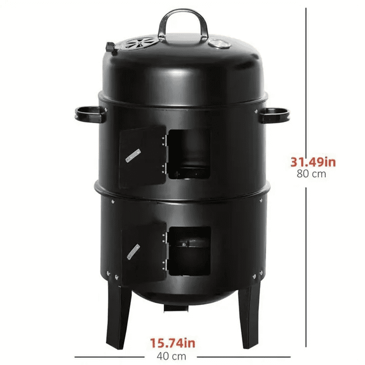 Vertical Charcoal BBQ Smoker, 3-in-1 16" Round Charcoal Barbecue Grill with 2 Cooking Area, and Thermometer for Outdoor Camping Picnic Backyard Cooking, Black