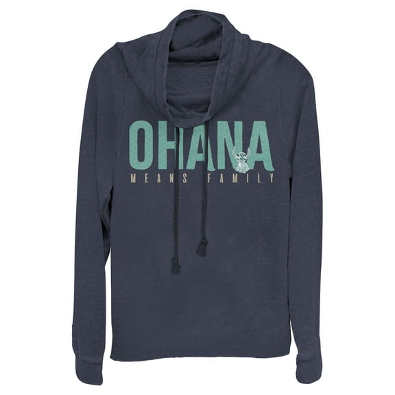 Junior's Lilo & Stitch Bold Ohana means Family Cowl Neck Sweatshirt Navy Blue Medium