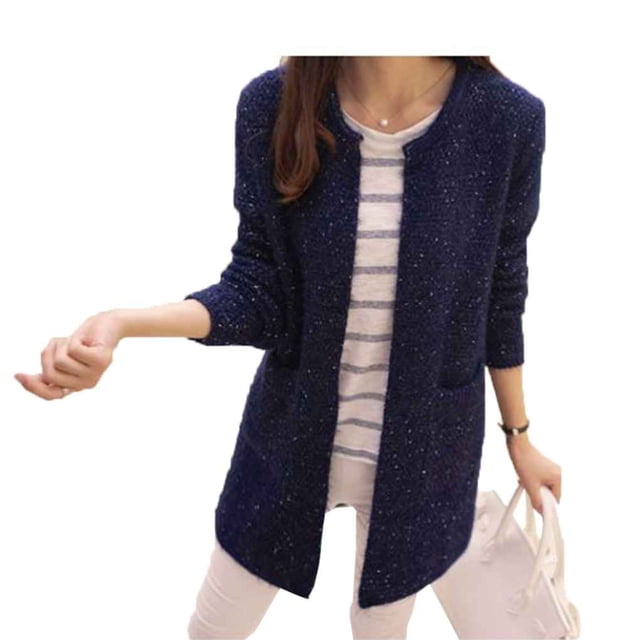 Mujeres primavera / otoño suéter de longitud media cárdigan de manga larga coreano bolsillo delgado suéter de punto suelto abrigo seitruly FS6514-05
