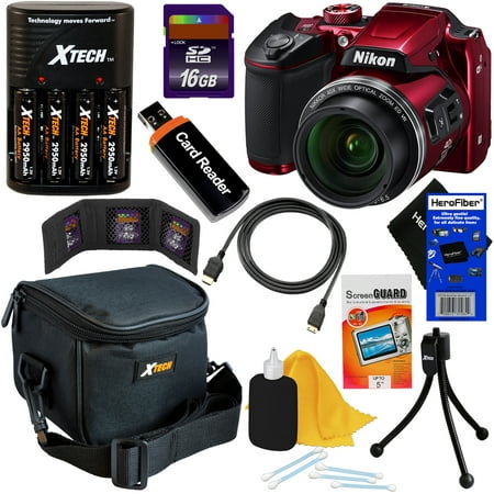 Nikon COOLPIX B500 16MP Wi-Fi, NFC Digital Camera w/40x Zoom & HD Video (Red) + 4 AA Batteries with Charger + 9pc 16GB Accessory Kit w/ HeroFiber Cleaning Cloth