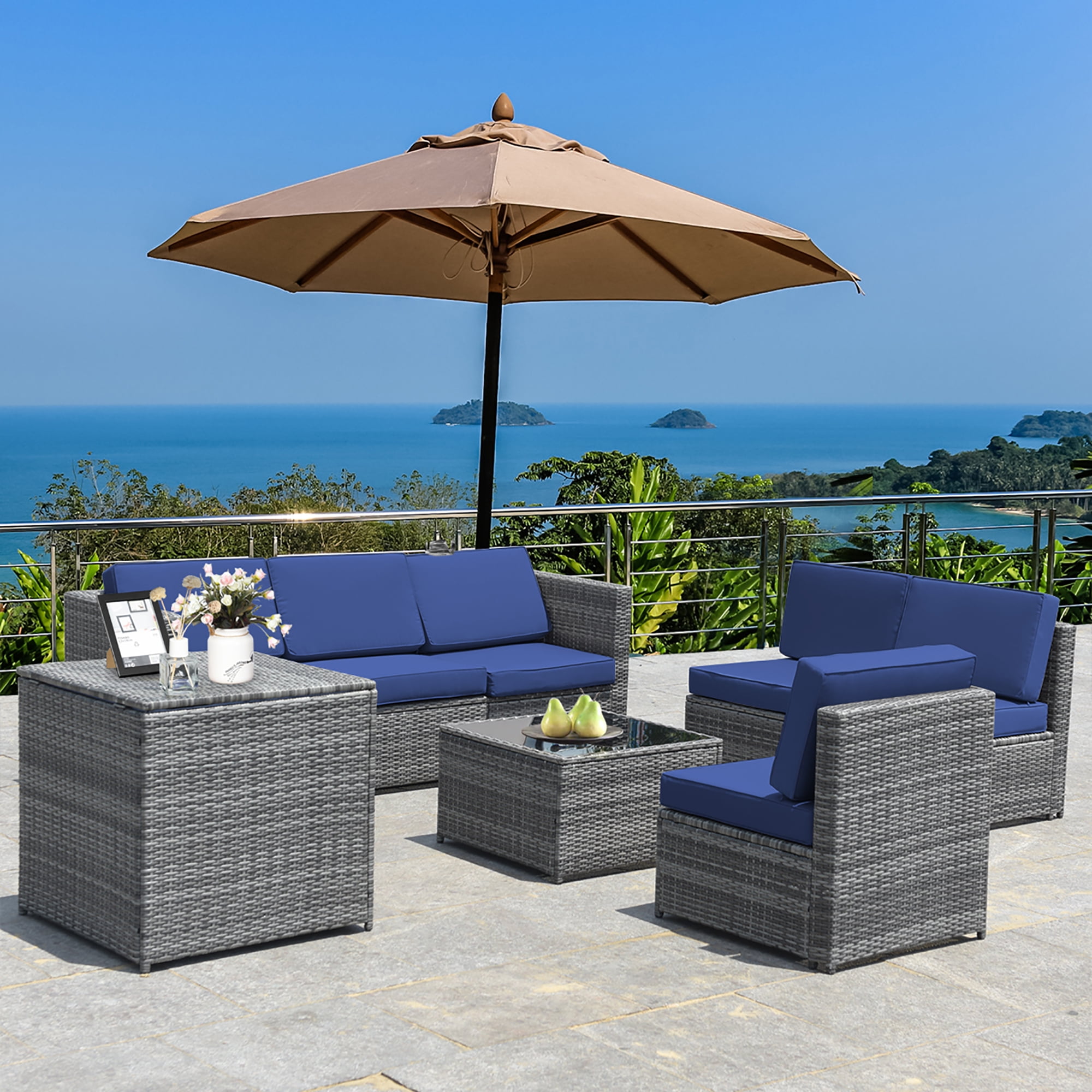 Costway 8 PCS Wicker Sofa Rattan Furniture Set Patio Furniture w/ Storage Table Navy