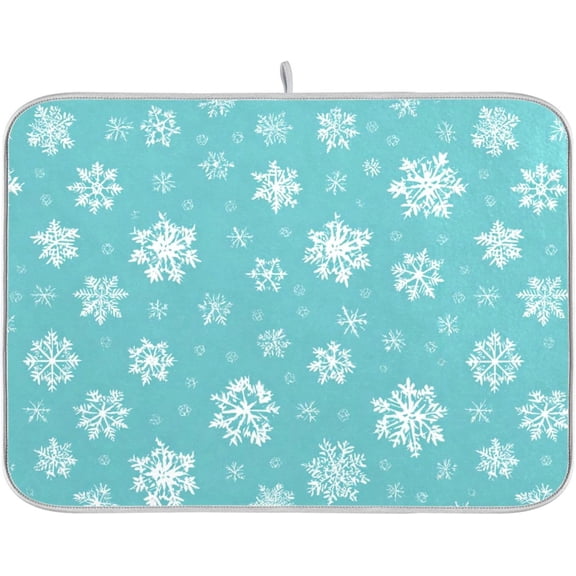 Winter Snowflake Turquoise Dish Drying Mat for Kitchen Countertop 16x18 Christmas Snow Aqua Xmas Small Drying Mat Reusable Quick Dry Dish Sink Mats Easy Clean Decorative Essentials