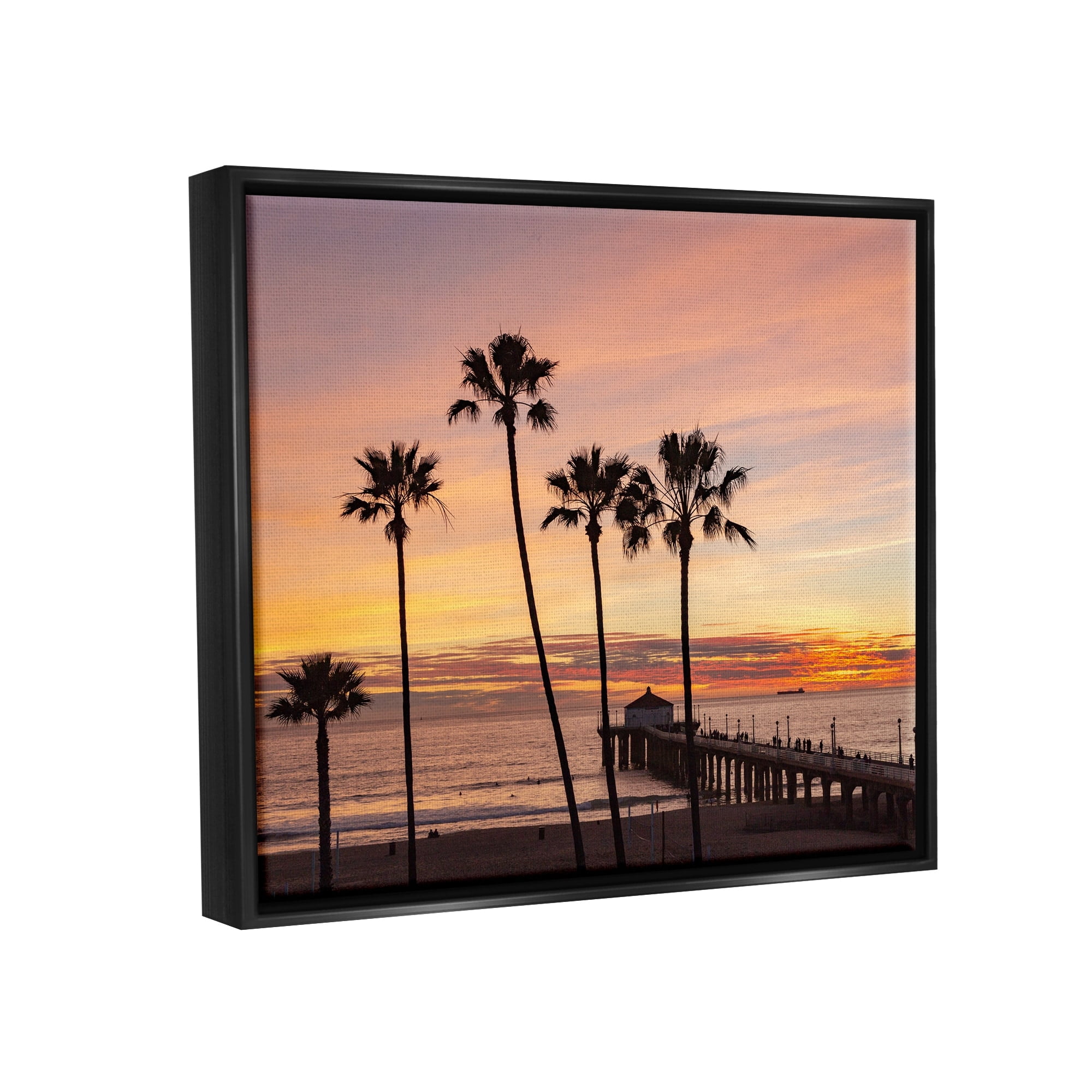 Stupell Industries Tropical Palm Tree Sunset Summer Pier Docks Photograph Jet Black Floating Framed Canvas Print Wall Art, Design by Jeff Poe Photography