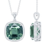 Rosec Jewels Cushion Cut Lab Grown Green Sapphire Pendant with Moissanite Halo for Women, 925 Sterling Silver