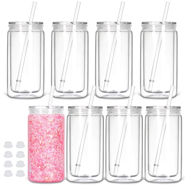 Vaso Snow Globe Tswofia de plástico de 16 onzas, paquete de 8 con tapa y pajita