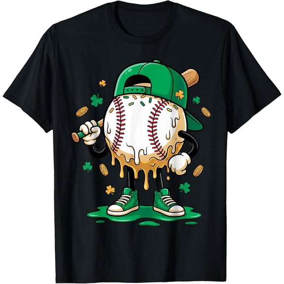 Baseball Drip Ice Cream Shamrock Style Saint Patrick's Day Boys Girls T-Shirt, T-Shirt for Kids Youth, 180gsm, 100% Cotton