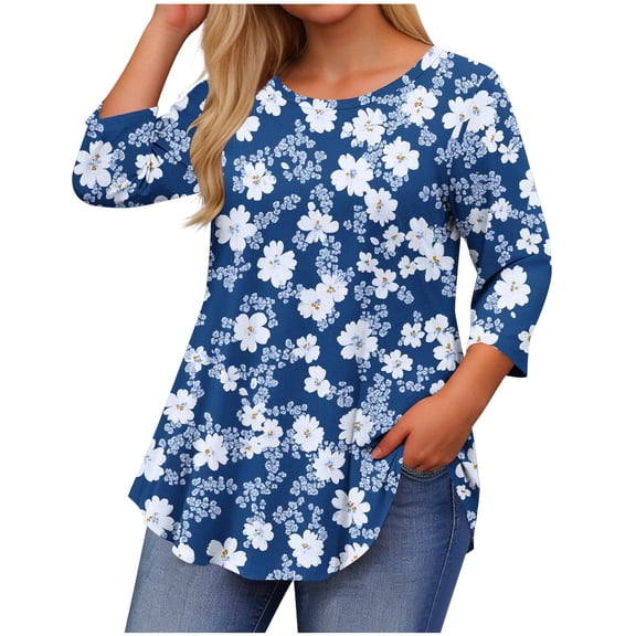 BangWanChi 3/4 Length Sleeve Womens Tops Plus Size Women's Fashion Vintage Printed T-Shirt 3/4 Sleeves Blouse Round Neck Casual Tops