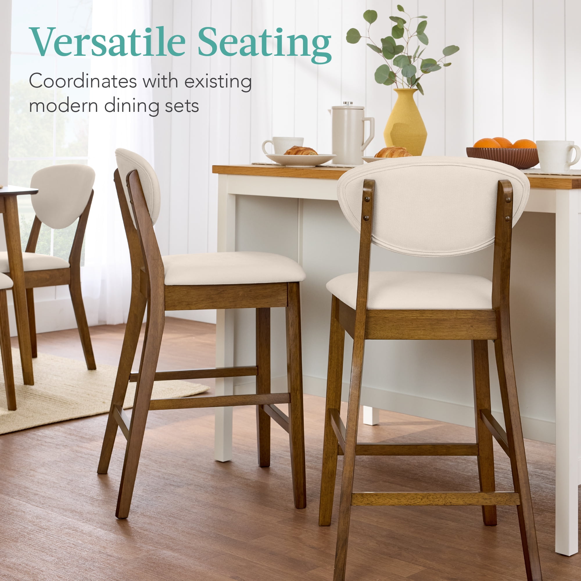 Best Choice Products Set of 2 Counter-Height Bar Stools, Armless W/Upholstered Seat Cushion & Backrest - Walnut/Cream