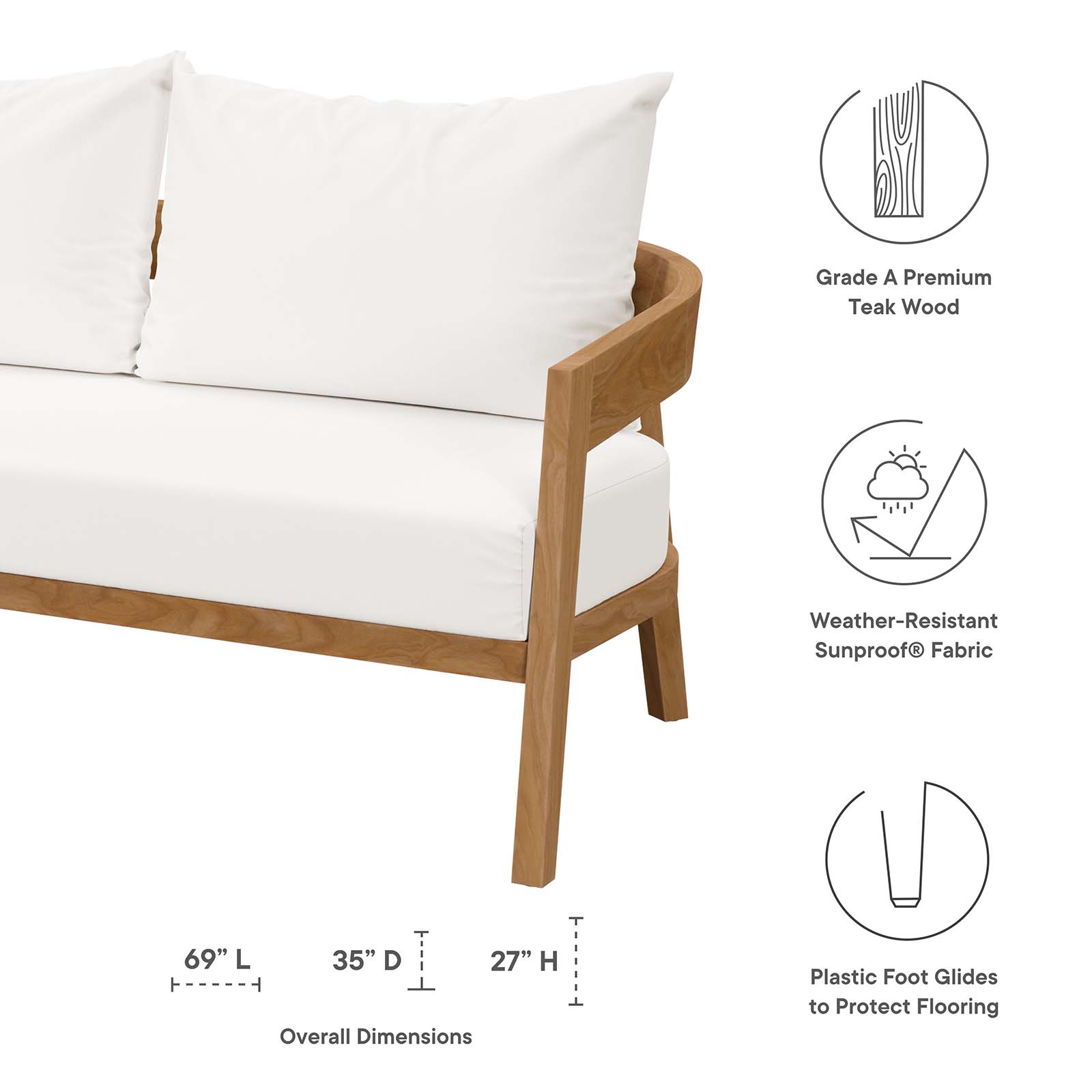 Lounge Sectional Sofa Chair Table Set, White Natural, Teak Wood, Fabric, Modern Contemporary, Outdoor Patio Balcony Cafe Bistro Garden Furniture Hotel Hospitality - image 3 of 10