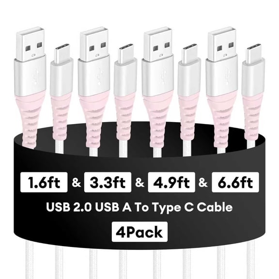 Dutevolns USB C Cable, 4 Pack(1.6/3.3/4.9/6.6ft) Type C Charging Cords, Nylon Braided 3A USB A to C Fast Charging Cable Compatible with IPhone 16/15, Samsung Galaxy, Pink